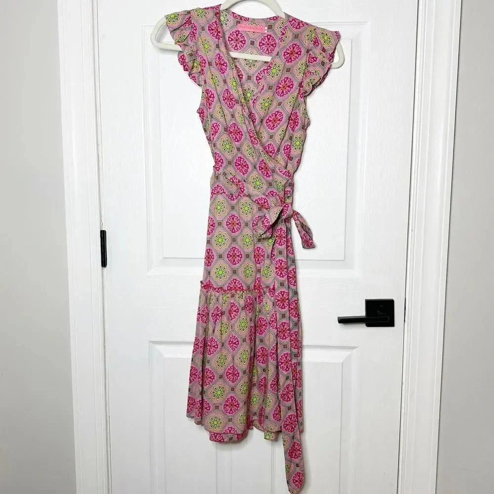 FEATHER & FIND Pink Medallion Multicolor Wrap Dress Size Small Ruffle Sleeve